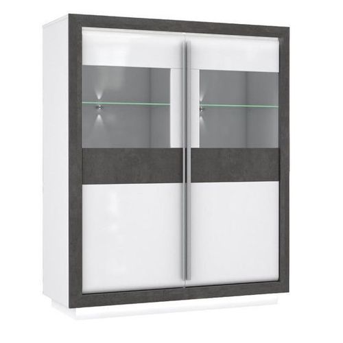 Armoire Vitrine 2 Portes Bois Blanc Et Gris Lumière Led - Calvi