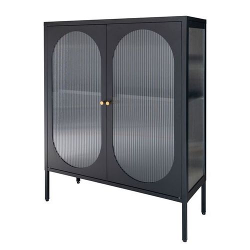 Buffet 2 Portes 90x35x110 Cm En Verre Et Métal Noir