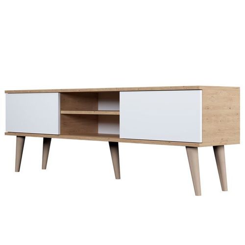 Meuble Tv 2 Portes 160x35x55,2 Cm Blanc Et Chêne - Cisko