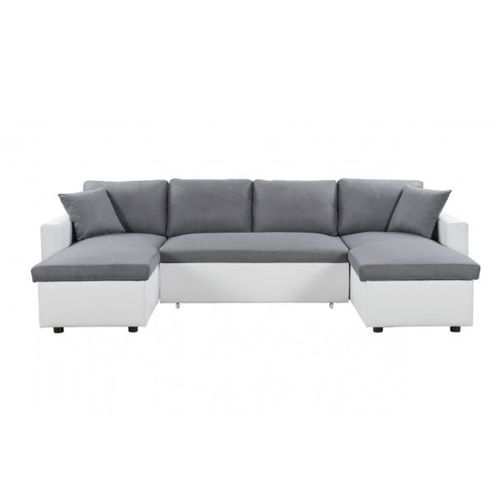 Canapé D'angle Panoramique Maria Convertible En Simili Et Microfibre - Blanc / Gris