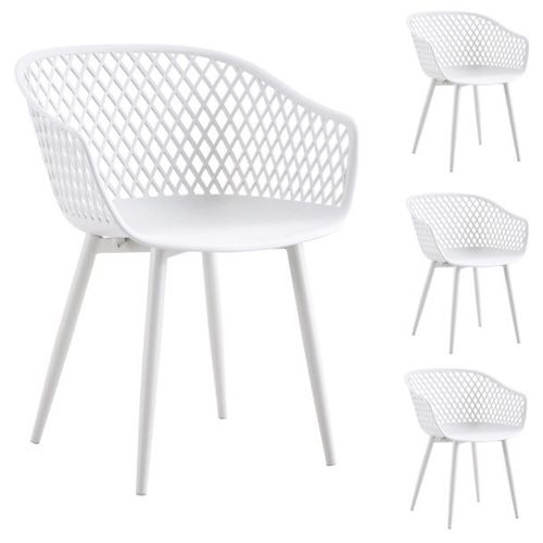 Lot De 4 Chaises Madeira Pour Salle À Manger Ou Cuisine Design Retro Avec Accoudoirs, Coque Plastique Blanc Et 4 Pieds Métal Blanc