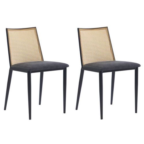 Lot De 2 Chaises De Salle A Manger En Metal Dossier Cannage Rotin Simili Cuir Noir - Nordlys
