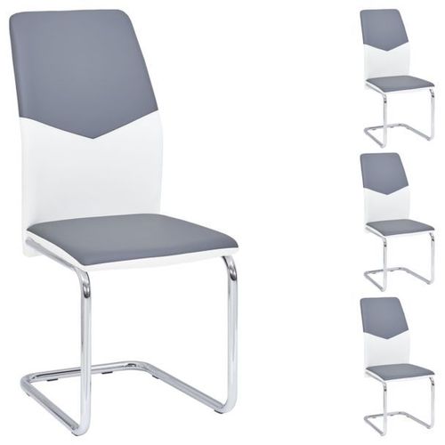 Lot De 4 Chaises De Salle À Manger Leona Piètement Chromé Revêtement Synthétique Bicolore Blanc Et Gris