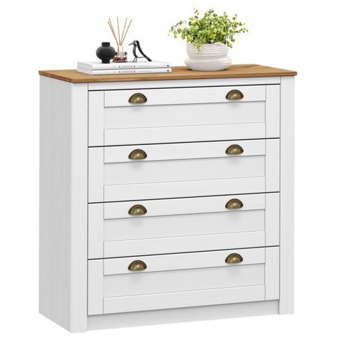 Commode Bolton Buffet Meuble De Rangement Avec 4 Tiroirs, Style Classique, En Pin Massif Lasuré Blanc Et Brun
