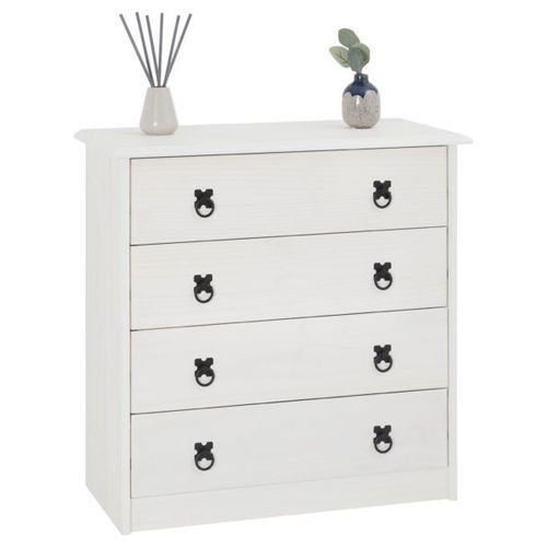 Commode En Pin Residencia 4 Grands Tiroirs Buffet Bahut Vaisselier En Bois Style Mexicain, Lasur? Blanc
