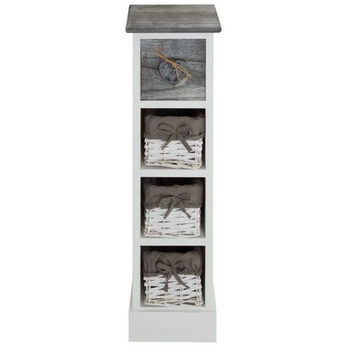 Chiffonnier Flower Petit Meuble Avec 1 Tiroir Et 3 Paniers Étagère En Bois De Paulownia Blanc Et Gris Style Shabby Chic