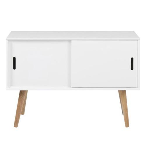 Buffet 2 Portes Coulissantes 100 Cm Blanc Et Pieds En Chêne - Xenor