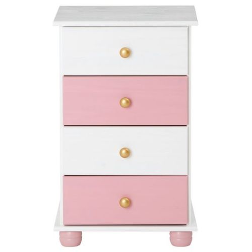 Commode Isabella Chiffonnier Apothicaire Rangement Avec 4 Tiroirs En Pin Massif Lasuré Blanc Et Rose
