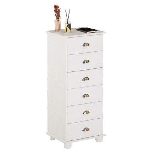 Chiffonnier Colmar Commode Apothicaire Avec 6 Tiroirs De Rangement, En Pin Massif Lasur? Blanc