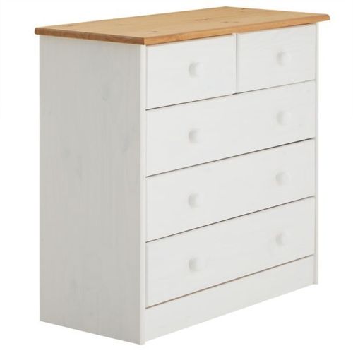 Commode De Chambre Rondo Meuble De Rangement Avec 5 Tiroirs, En Pin Massif Lasuré Blanc Et Brun
