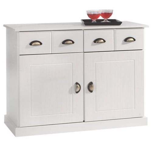 Buffet Paris Commode Bahut Vaisselier Avec 2 Portes Battantes Et 2 Tiroirs Pin Massif Lasuré Blanc