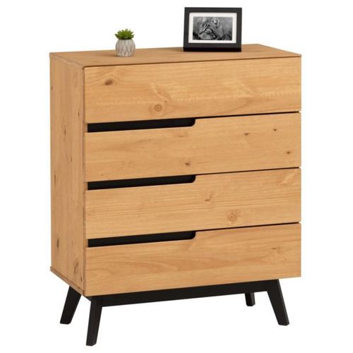 Commode Tibor Style Scandinave Design Vintage Nordique Avec 4 Tiroirs, En Pin Massif Finition Bois Naturel Teinté