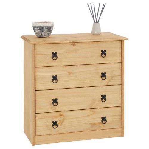 Commode En Pin Barrio 4 Grands Tiroirs Buffet Bahut Vaisselier En Bois Style Mexicain, Finition Teintée Et Cirée