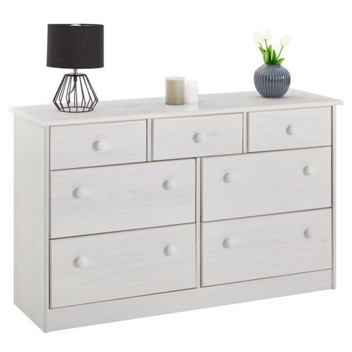 Commode Rondo Bahut Buffet Meuble De Rangement Avec 3 Petits Et 4 Grands Tiroirs, En Pin Massif Lasur? Blanc