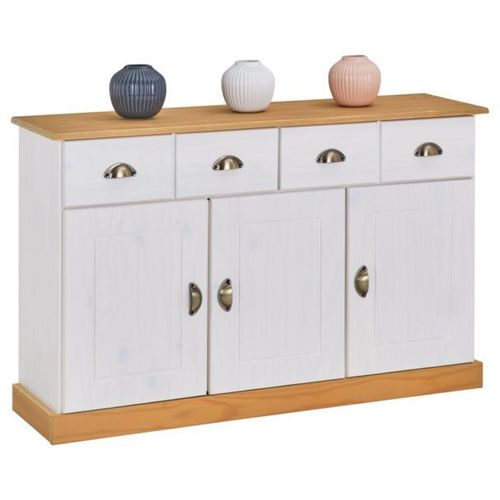 Buffet Paris Commode Bahut Vaisselier Avec 3 Portes Battantes Et 2 Tiroirs Pin Massif Lasuré Blanc Et Brun