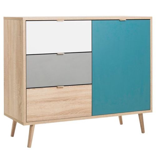 Cuba Meuble De Rangement Scandinave Chene, Gris Et Bleu Pétrole - L 103 Cm