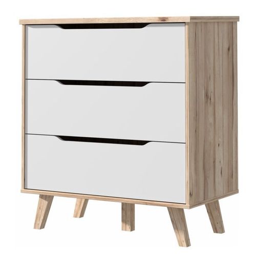 Finlandek Commode De Chambre Vankka Scandinave Décor Chene Et Blanc Mat Pieds En Bois Massif - L 80 Cm