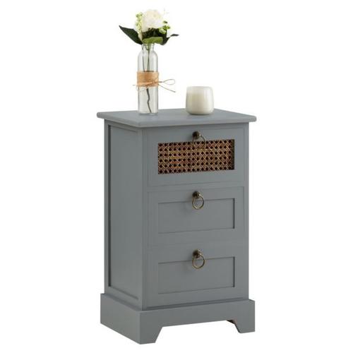 Chiffonnier Raja Petite Commode Avec 3 Tiroirs, Style Vintage Bohême, En Bois De Paulownia Lasuré Gris Et Rotin