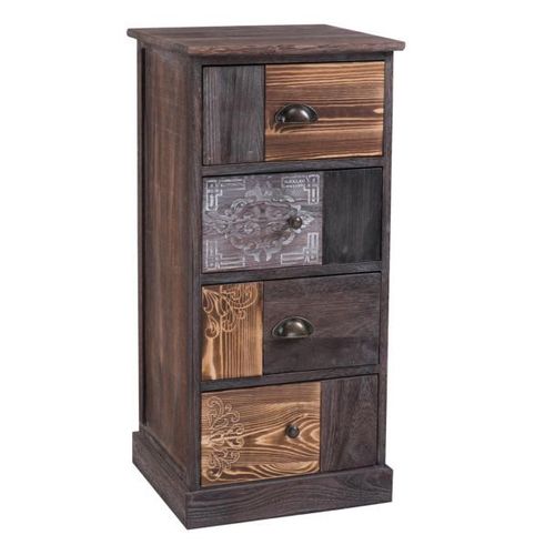 Chiffonnier Mara Avec 4 Tiroirs, Commode En Bois De Paulownia Style Vintage Ethnique Bohême Avec Gravures
