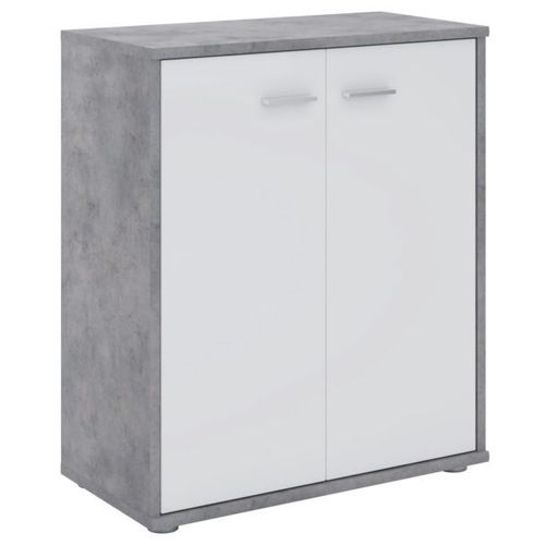 Buffet Firmin, Commode Meuble De Rangement Avec 2 Portes, En Mélaminé Décor Béton Et Blanc Mat