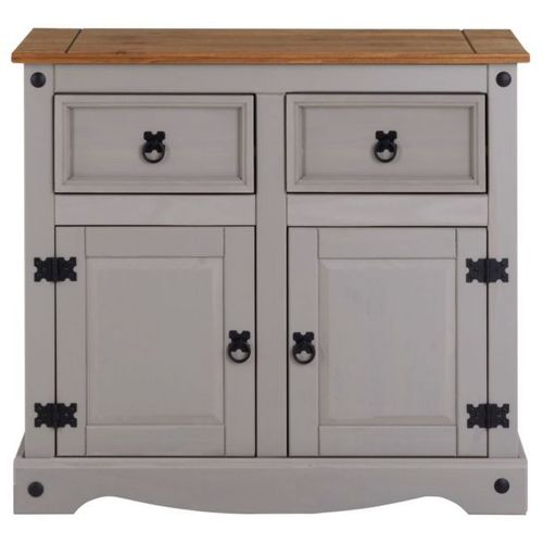 Buffet Ramon Commode Bahut Vaisselier En Pin Massif Gris Et Brun Avec 2 Tiroirs 2 Portes, Meuble De Rangement Style Mexicain En Bois