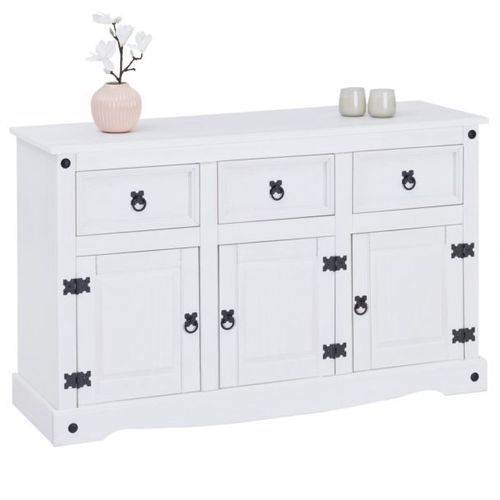 Buffet Rural Commode Bahut Vaisselier En Pin Massif Blanc Avec 3 Tiroirs Et 3 Portes, Meuble De Rangement