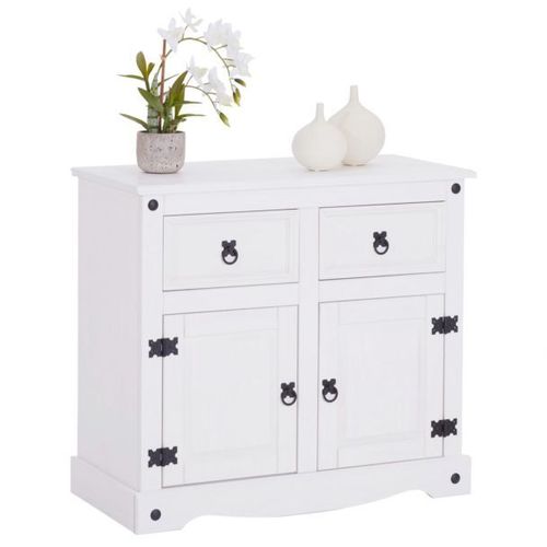 Buffet Rural Commode Bahut Vaisselier En Pin Massif Blanc Avec 2 Tiroirs Et 2 Portes, Meuble De Rangement Style Mexicain En Bois