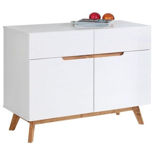 Buffet Tibor Style Scandinave Design Vintage Nordique Commode Bahut Vaisselier Avec 2 Tiroirs Et 2 Portes En Pin Massif Lasuré Blanc