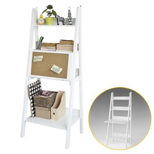 Sobuy® Frg115-W Bureau Table Étagère Murale Style Échelle De 3 Tablettes, 1 Plan De Travail Rabatable Et 1 Memo Board -Blanc