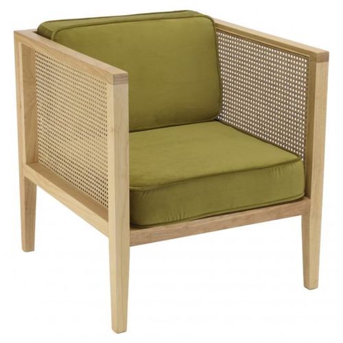 Fauteuil 70x76x78 Cm En Velours Vert Et Rotin Naturel - Jazzy
