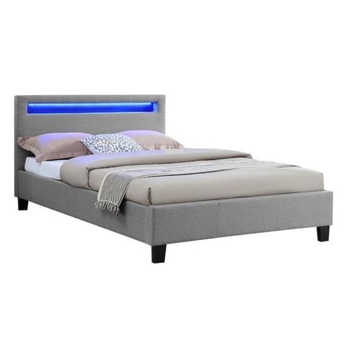 Lit Simple Pour Adulte Marisela Avec Sommier 120x190 Cm 1 Place Et Demi 1 Personne, Tête De Lit Avec Led Intégrées, En Tissu Gris