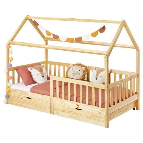 Lit Cabane Nuna Lit Enfant Simple En Bois 90 X 200 Cm, Avec Rangement 2 Tiroirs, En Pin Massif À La Finition Naturelle