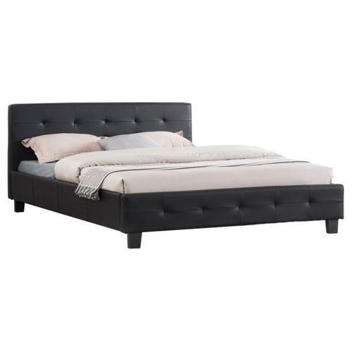Lit Double Pour Adulte Mathieu Avec Sommier 140x190 Cm 2 Places / 2 Personnes, Tête Et Pied De Lit Capitonnés En Synthétique Noir