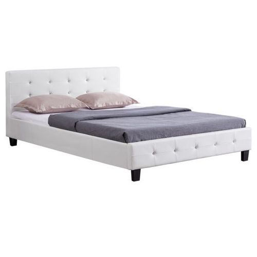 Lit Double Pour Adulte Josy Avec Sommier 140x190 Cm 2 Places, Tête Et Pied De Lit Capitonnés Avec Strass, En Synthétique Blanc