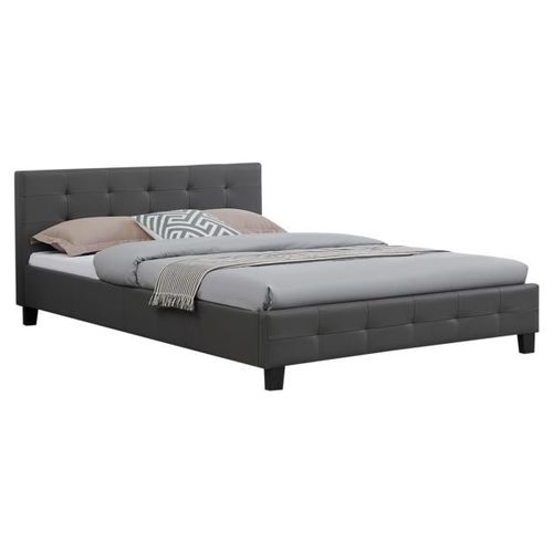 Lit Double Pour Adulte Mathieu Avec Sommier 140x190 Cm 2 Places / 2 Personnes, Tête Et Pied De Lit Capitonnés En Synthétique Gris