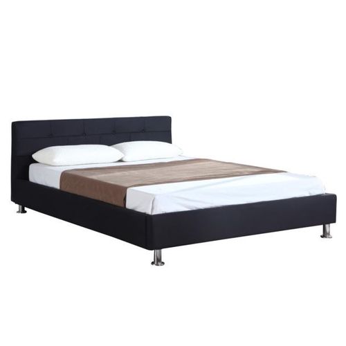 Lit Double Pour Adulte Nizza 140x190 Cm 2 Places / 2 Personnes, Avec Sommier Et Pieds En Métal Chromé, Tissu Capitonné Noir