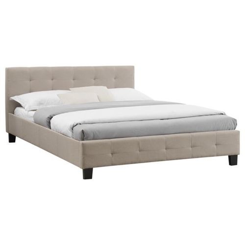 Lit Double Pour Adulte Mathieu Avec Sommier 140x190 Cm 2 Places / 2 Personnes, Tête Et Pied De Lit Capitonnés, En Tissu Beige