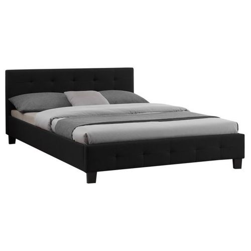 Lit Double Pour Adulte Mathieu Avec Sommier 140x190 Cm 2 Places / 2 Personnes, Tête Et Pied De Lit Capitonnés, En Tissu Noir