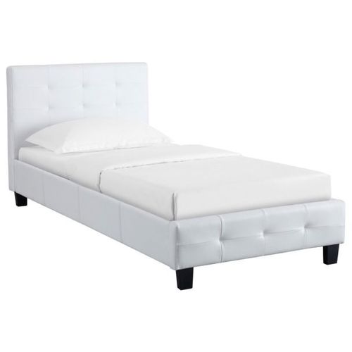 Lit Simple Pour Adulte Ou Enfant Reve Avec Sommier 90x190 Cm 1 Place/1 Personne, Tête Et Pied De Lit Capitonnés En Synthétique Blanc