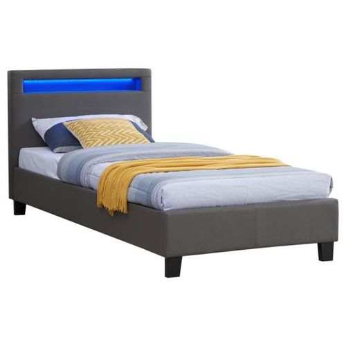 Lit Simple Pour Adulte Ou Enfant Luceno Avec Sommier 90x190 Cm 1 Place, Tête De Lit Avec Led Intégrées, En Synthétique Gris