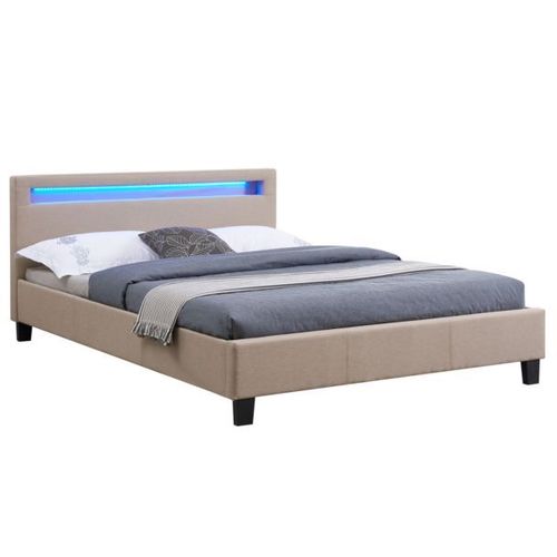 Lit Double Pour Adulte Rioja Avec Sommier 140x190 Cm 2 Places 2 Personnes, Tête De Lit Avec Led Intégrées, En Tissu Beige