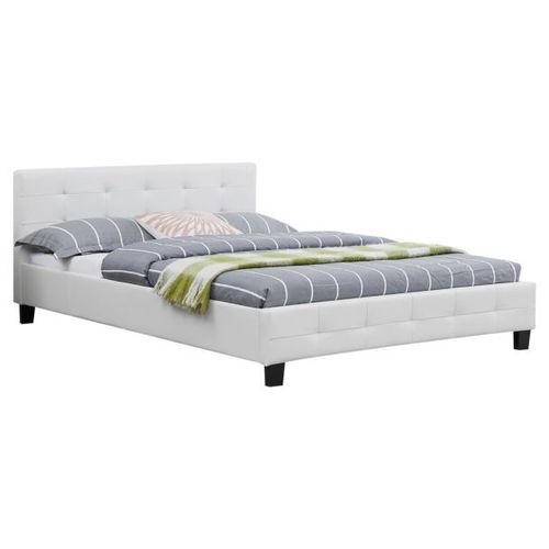 Lit Double Pour Adulte Mathieu Avec Sommier 140x190 Cm 2 Places / 2 Personnes, Tête Et Pied De Lit Capitonnés En Synthétique Blanc