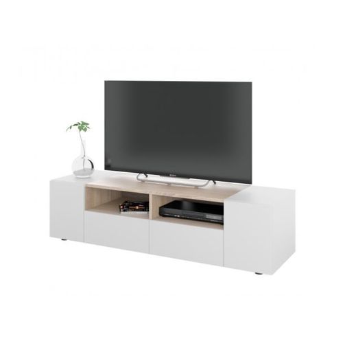 Meuble Tv Alice 4 Portes Et 2 Niches De Rangement L138cm - Blanc / Bois