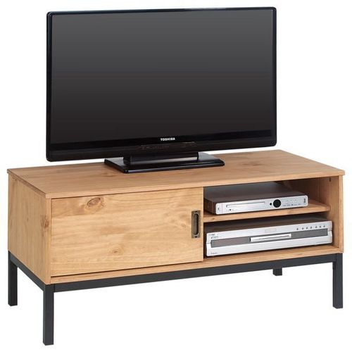 Meuble Tv Selma Banc Télé De 98 Cm Au Style Industriel Design Vintage Avec 1 Porte Coulissante, En Pin Massif Teinté Brun Clair