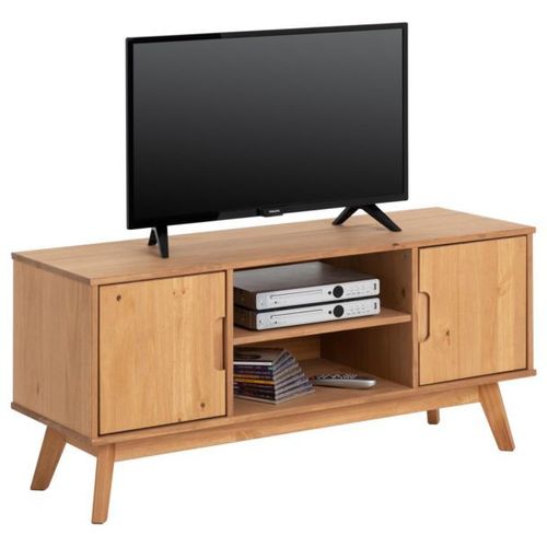 Meuble Tv Tivoli Banc Télé De 114 Cm Design Vintage Scandinave Nordique 2 Portes Et 2 Niches, En Pin Massif Finition Bois Teinté