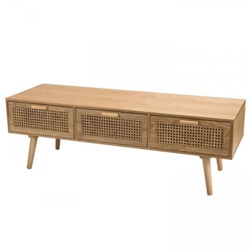Meuble Tv Couleur Naturelle 3 Tiroirs Bois Pin Cannage - Romeo