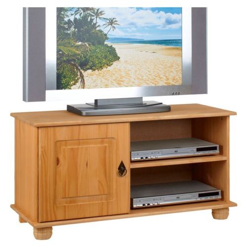 Meuble Tv Belfort Banc Télé De 94 Cm En Bois Avec 1 Porte Et 2 Niches, En Pin Massif Finition Cirée