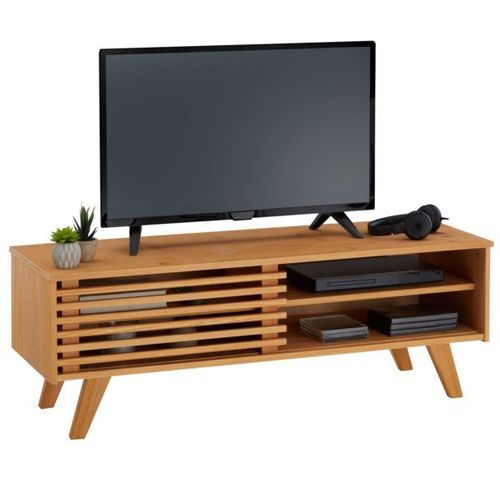 Meuble Tv Sean Banc Télé De 115 Cm Au Design Vintage Avec 4 Niches Et 1 Porte Coulissante Ajourée, En Pin Massif À La Finition Cirée