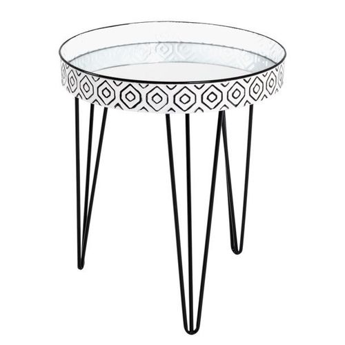 Table D'appoint Ronde 45x53 Cm En Métal Noir Et Blanc Avec Miroir