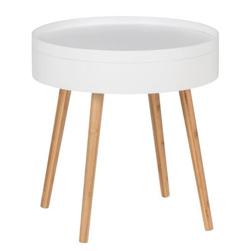 Table D'appoint Ronde Avec 4 Pieds, En Mdf Et Bambou - Blanc Et Bois